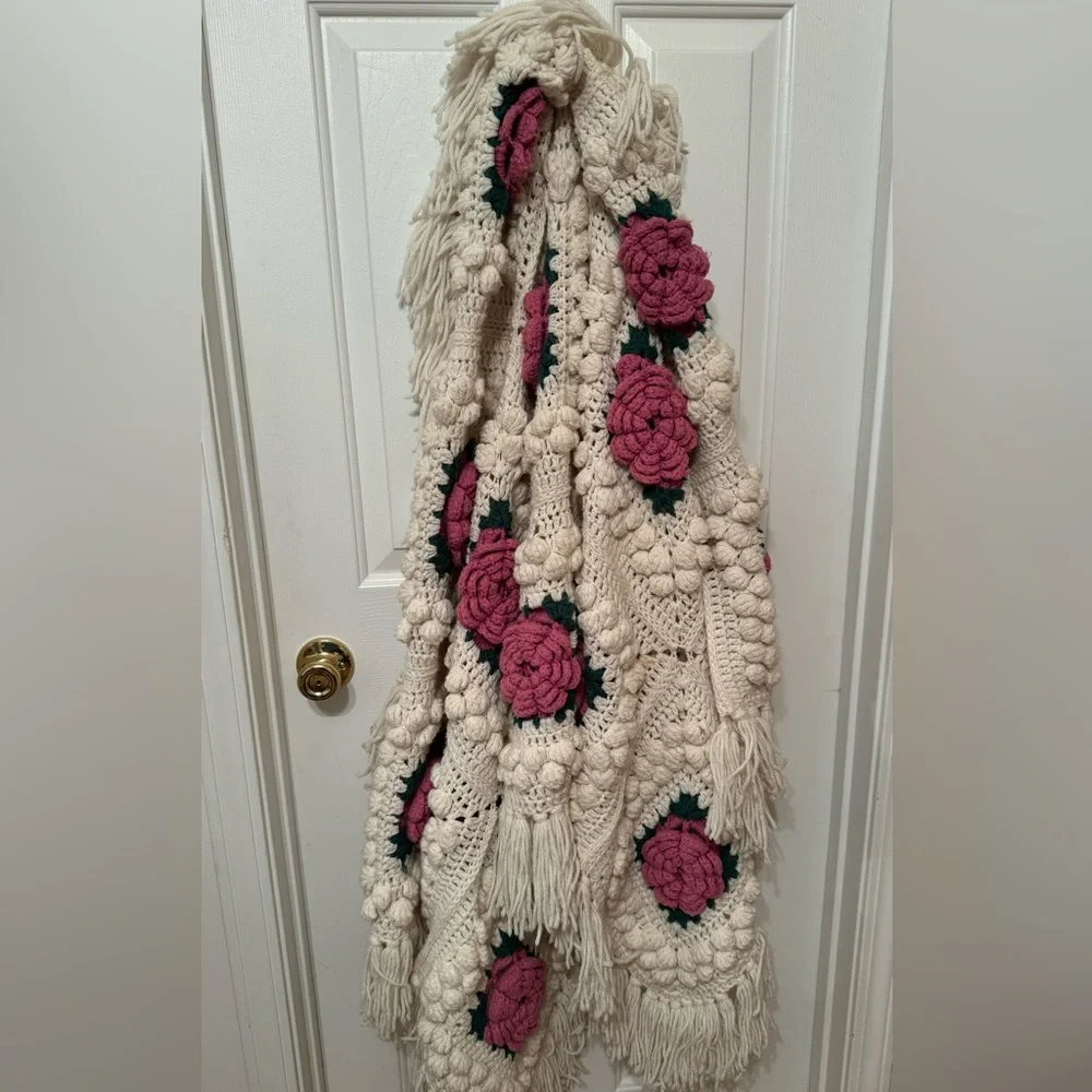 Cream and Rose Popcorn Granny Handmade Crocheted Afghan